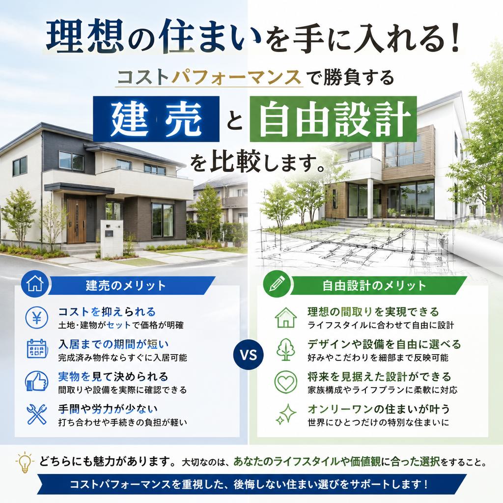 理想の住まいを手に入れる！コストパフォーマンスで勝負する建売と自由設計を比較します。