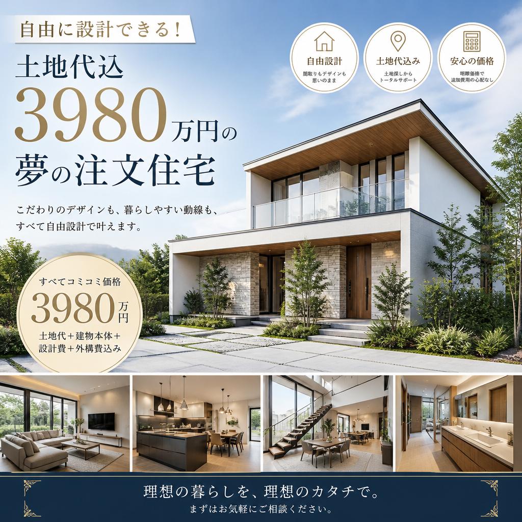 自由に設計できる！土地代込3980万円の夢の注文住宅