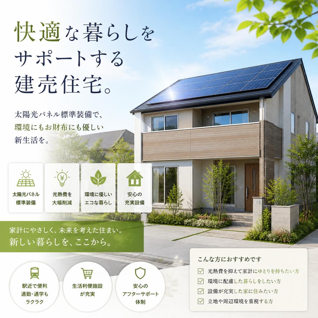 快適な暮らしをサポートする建売住宅。太陽光パネル標準装備で、環境にもお財布にも優しい新生活を。