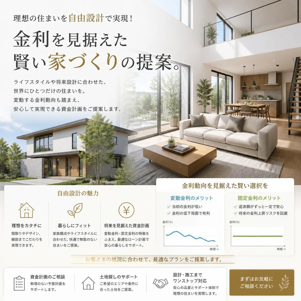 理想の住まいを自由設計で実現！金利を見据えた賢い家づくりの提案。